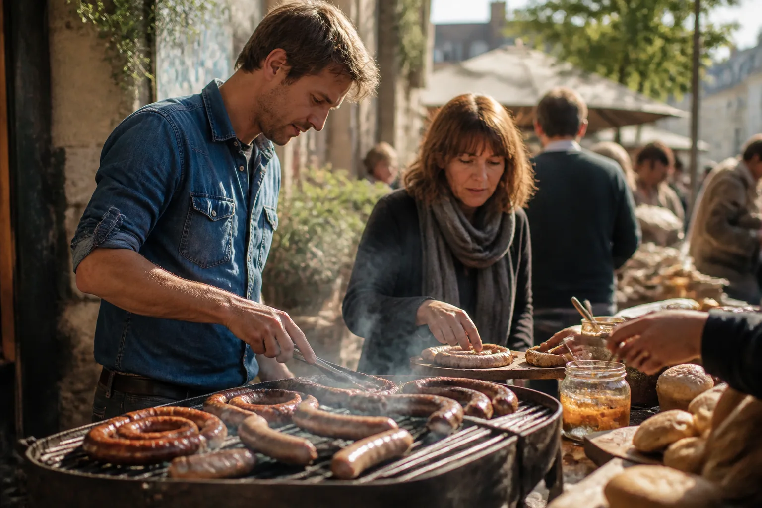 Saucisses grillées dans un marché parisien
