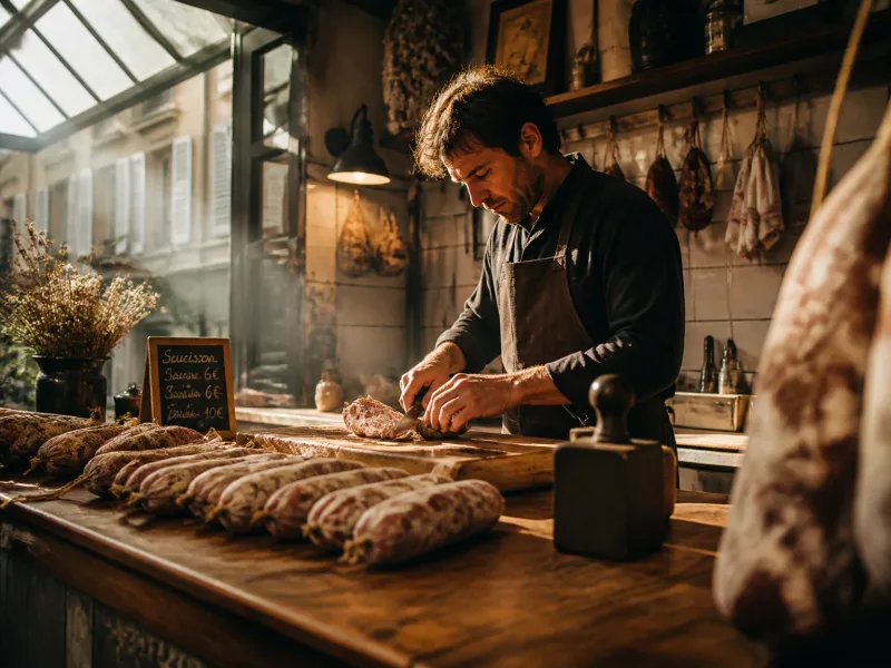 Ambiance d’atelier parisien avec plan de travail et saucisses en préparation