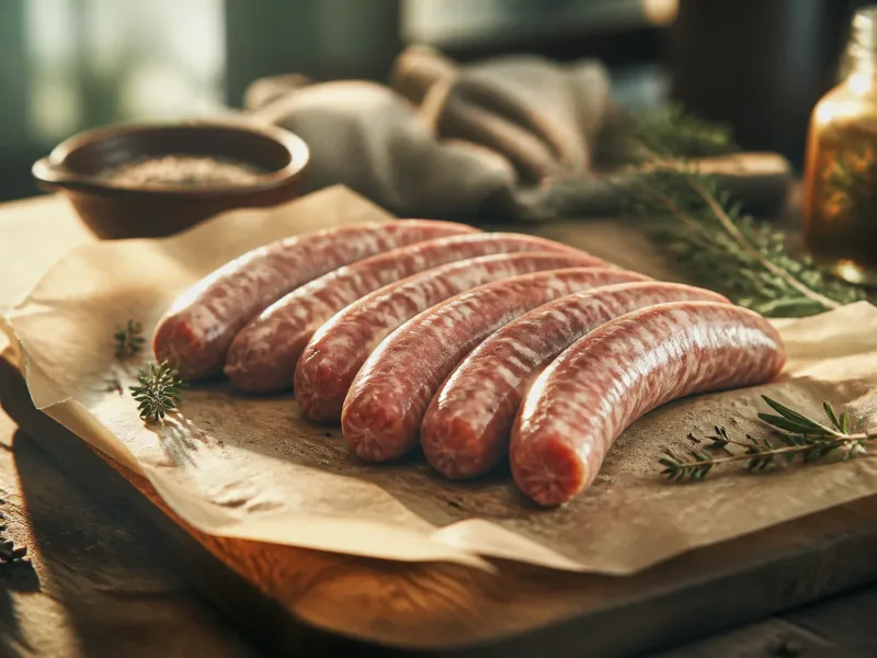 Assortiment de saucisses posées sur planches en bois, éclairage naturel