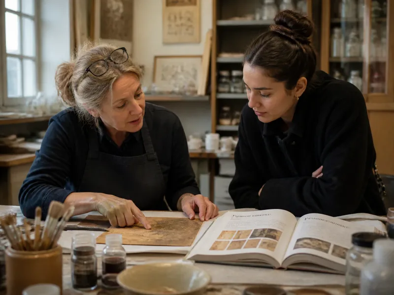 Échange pédagogique entre conservateur et visiteur dans l’atelier