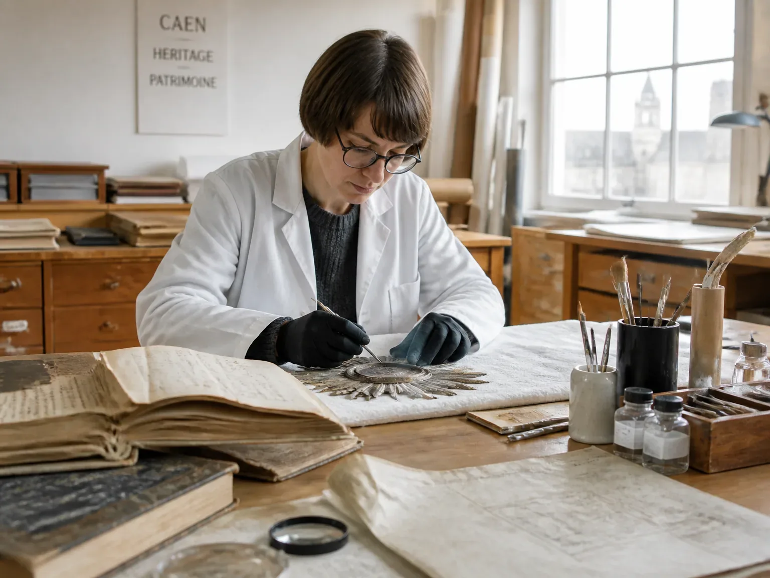 Atelier de restauration du patrimoine à Caen, mains d'un artisan manipulant une relique avec soin