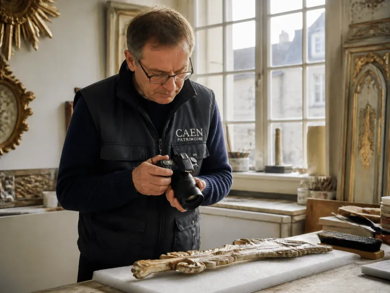 Artisan local en pleine restauration, regard concentré sur un objet historique