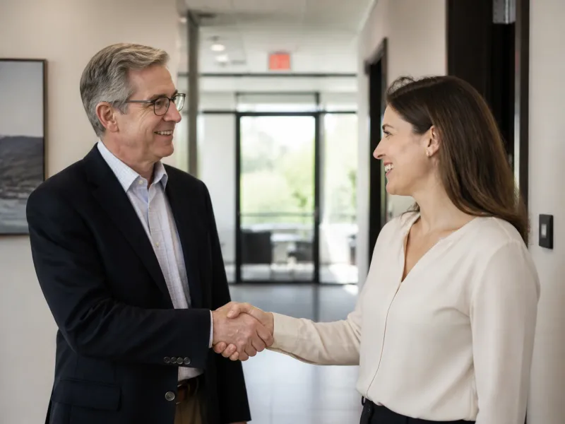 Rencontre rassurante entre conseiller et client dans le cabinet