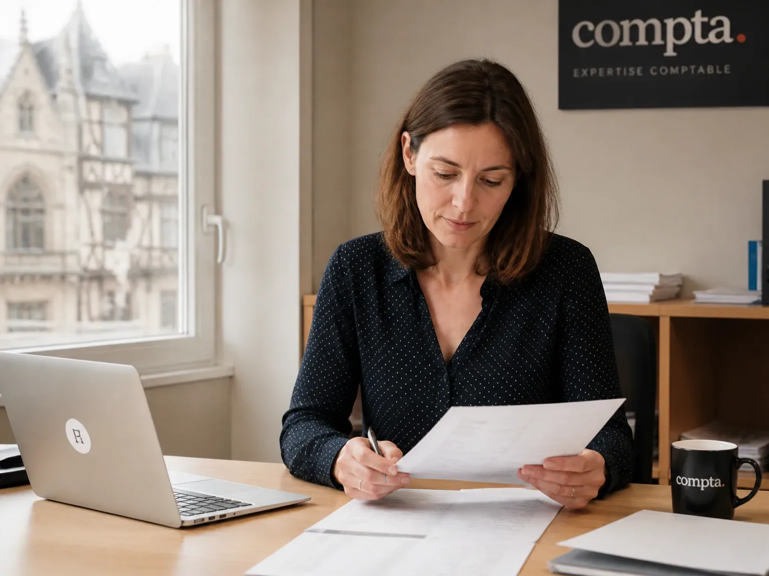 Agent comptable en bureau lumineux à Rouen, regardant documents avec calme et professionnalisme