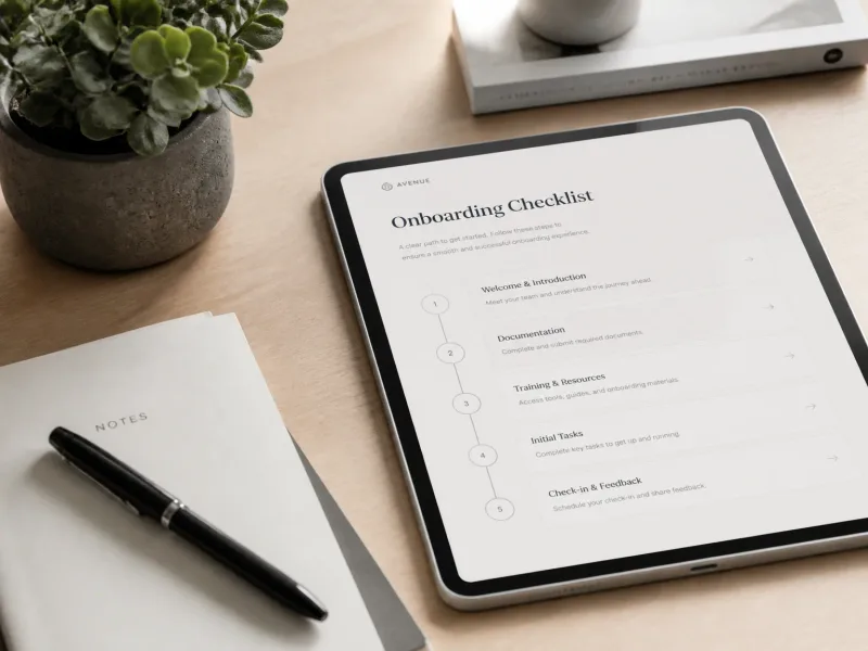 Bureau propre avec tablette et divine checklist d'accompagnement administratif