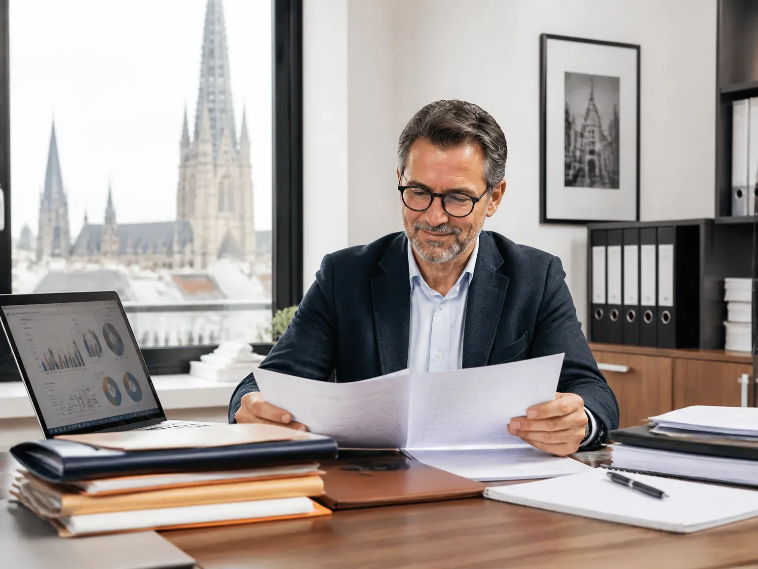 Gérant d'entreprise à Rouen travaillant sur des documents administratifs