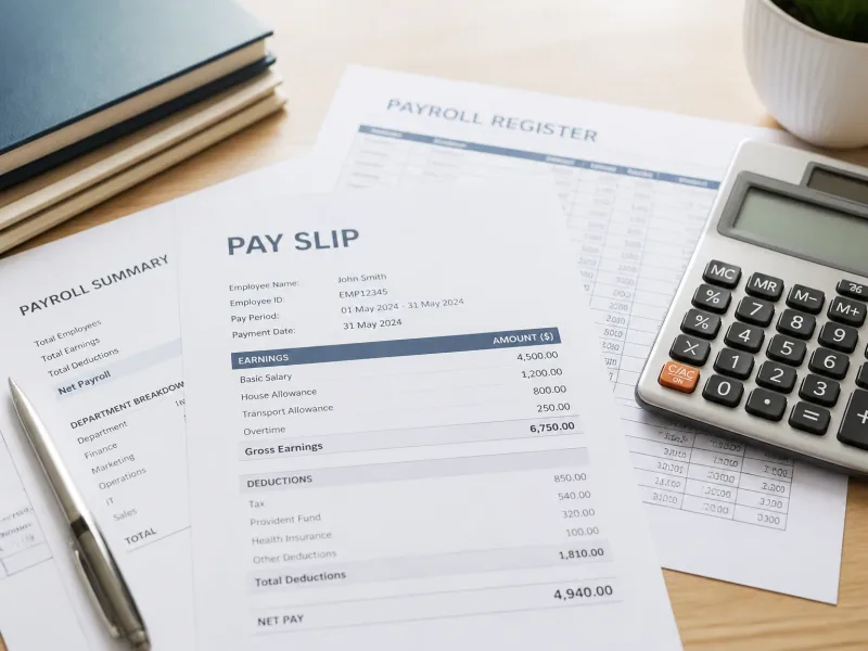 Détail des documents de paie et calculatrice sur bureau propre