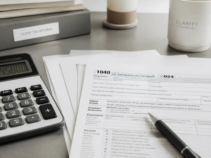 Dossier fiscal structuré avec calculatrice sur bureau professionnel