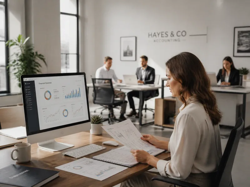 Bureau comptable lumineux et calme avec plusieurs collaborateurs travaillant
