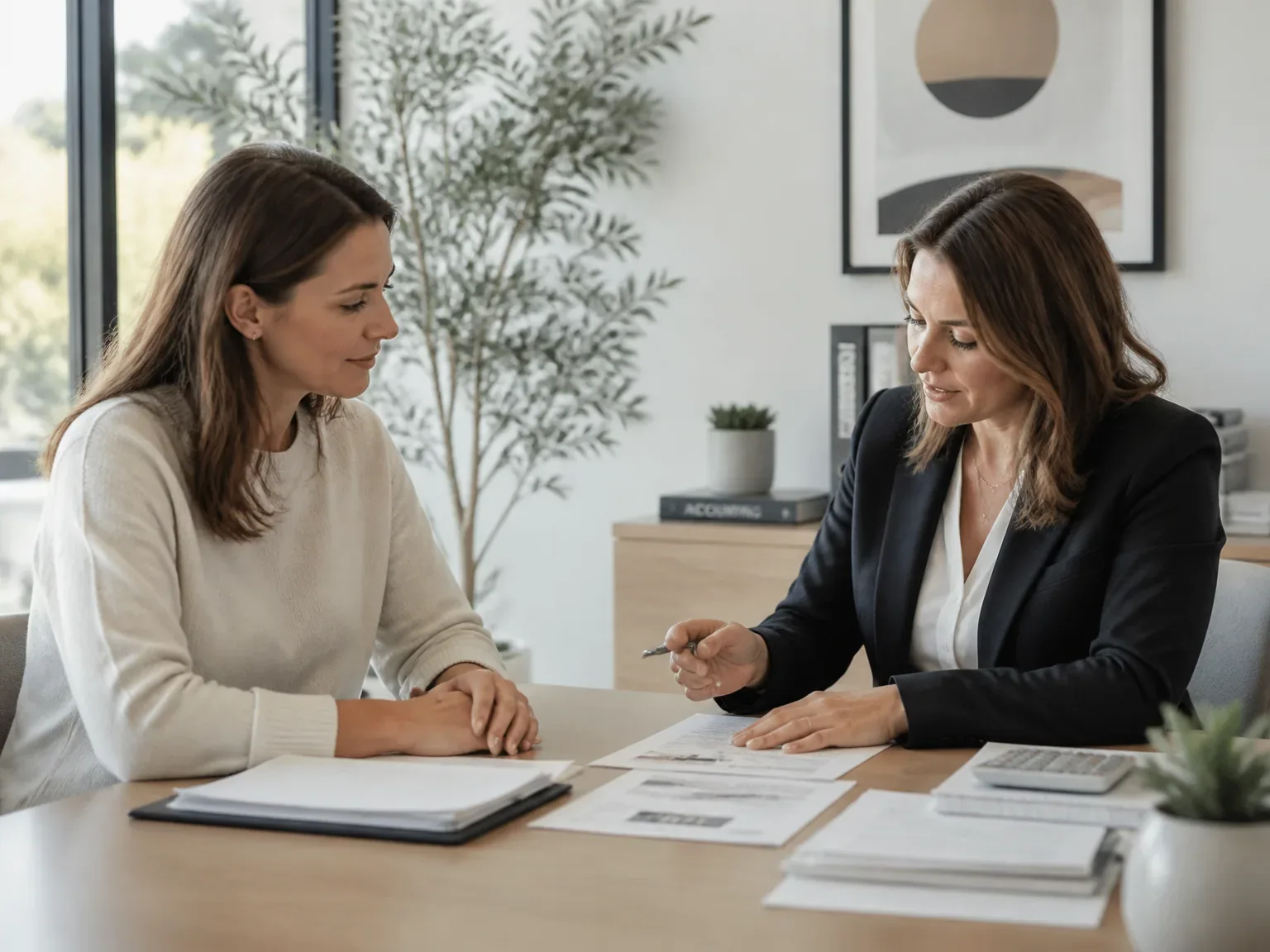 Cliente féminin et conseiller comptable dans bureau lumineux et moderne, échange de documents