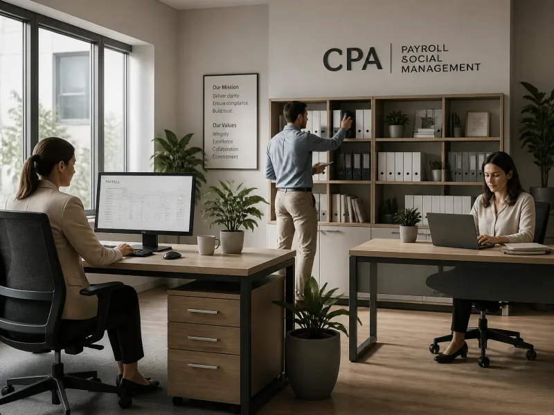 Ambiance d’un cabinet comptable moderne, lumière naturelle et espace organisé