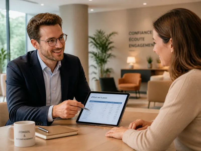 Professionnel comptable souriant expliquant les détails paie à un client dans une zone d’accueil lumineuse