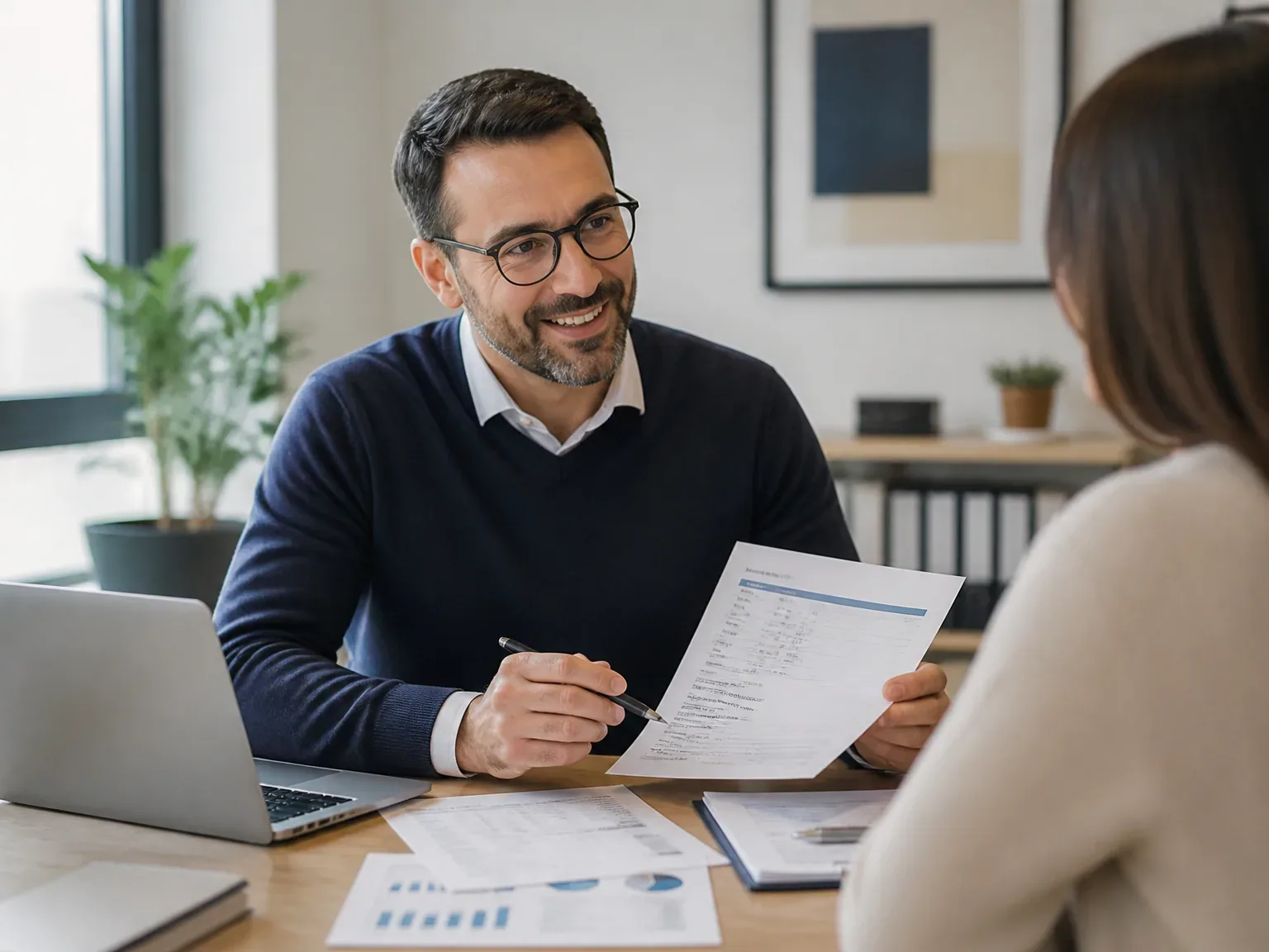 Consultant comptable en cabinet examinant un dossier paie avec un client, ambiance calme