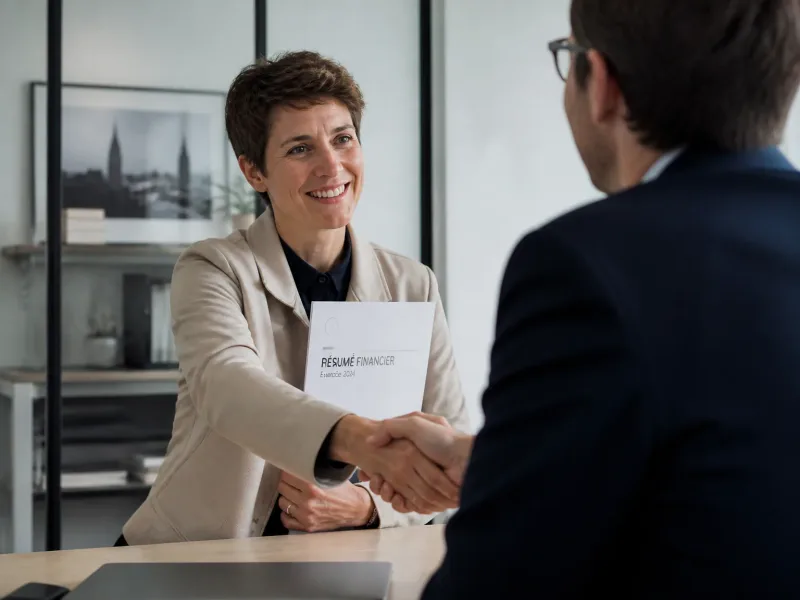Client satisfait après rendez-vous, échange professionnel avec le comptable.