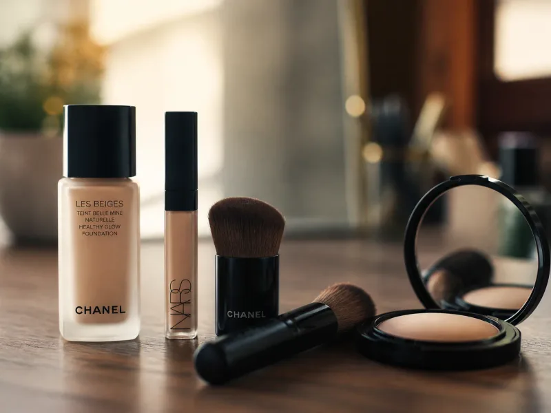 Packshot produits maquillage jour sur plan de travail neutre