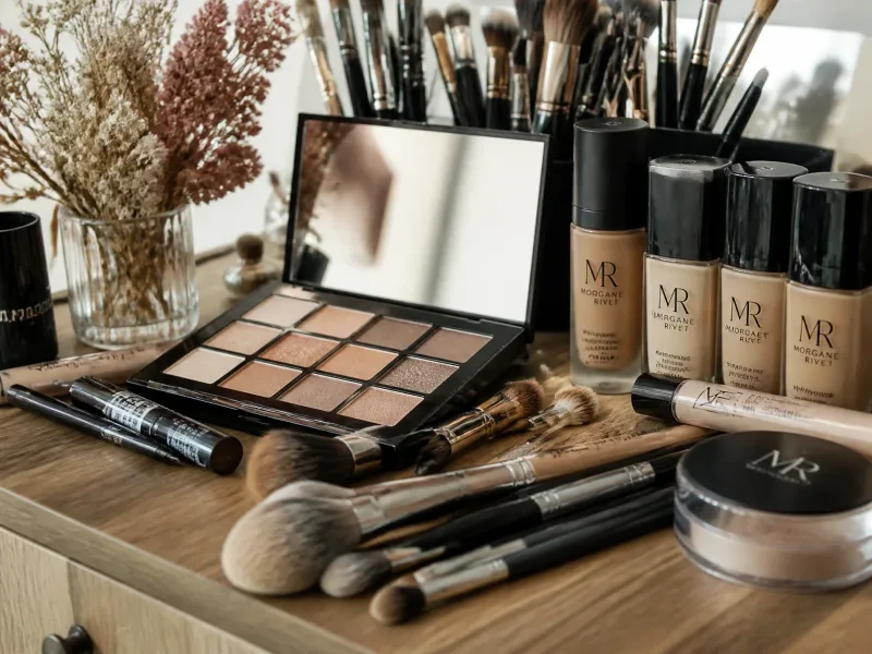 Plan rapproché des produits de maquillage sur vanity en bois