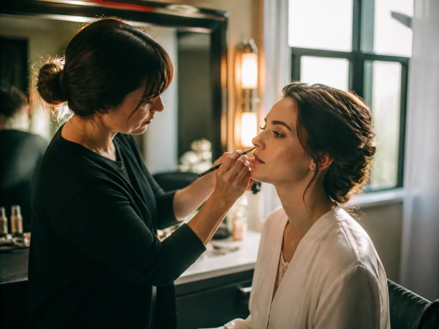 Maquillage mariée en studio, artiste appliquant le maquillage, cliente assise, lumière douce