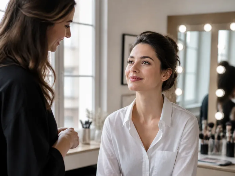 Cliente satisfaite après maquillage soirée, avec l’artiste qui observe