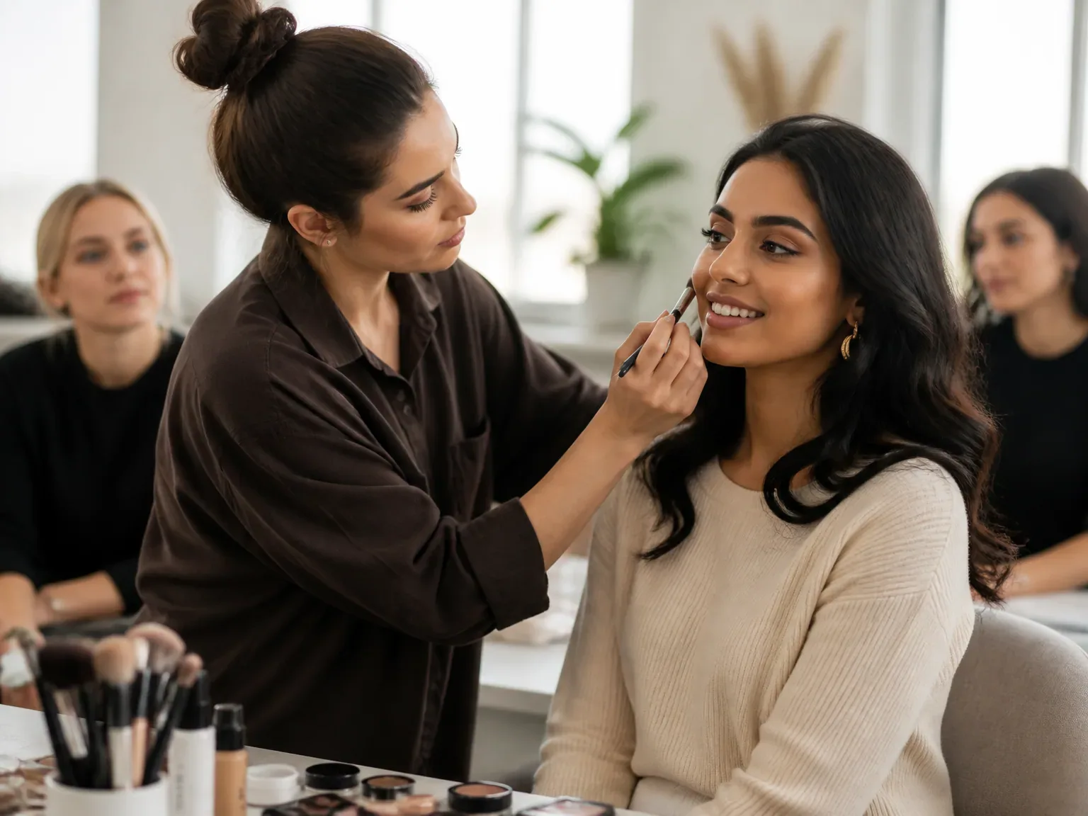 Cours de maquillage: cliente souriante en atelier lumineux, guide par artiste maquilleur