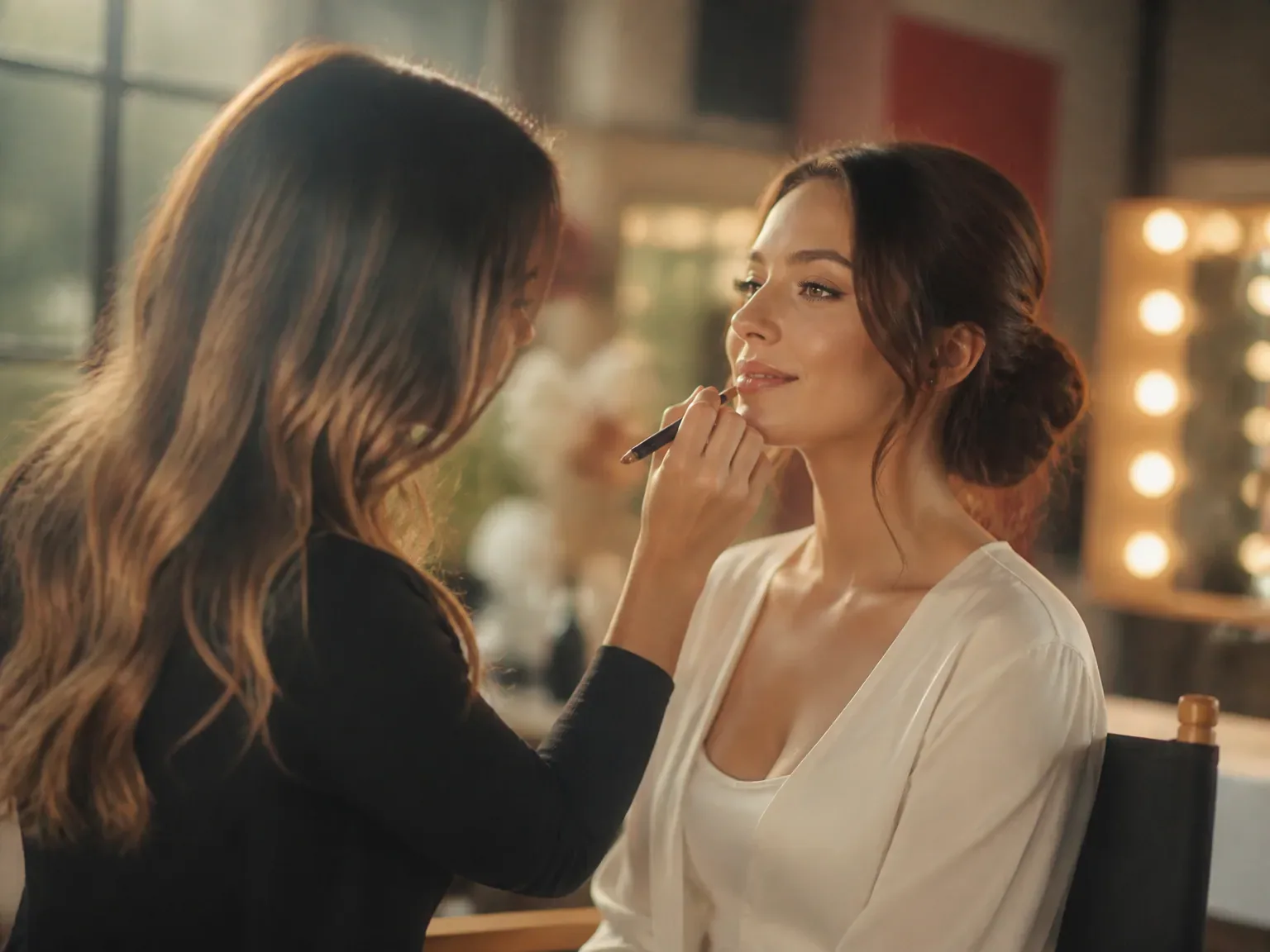 Maquillage événementiel en coulisses, consultation et application en douceur.