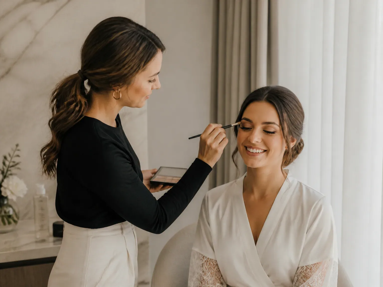 Maquillage mariée en studio, artiste appliquant le makeup avec soin