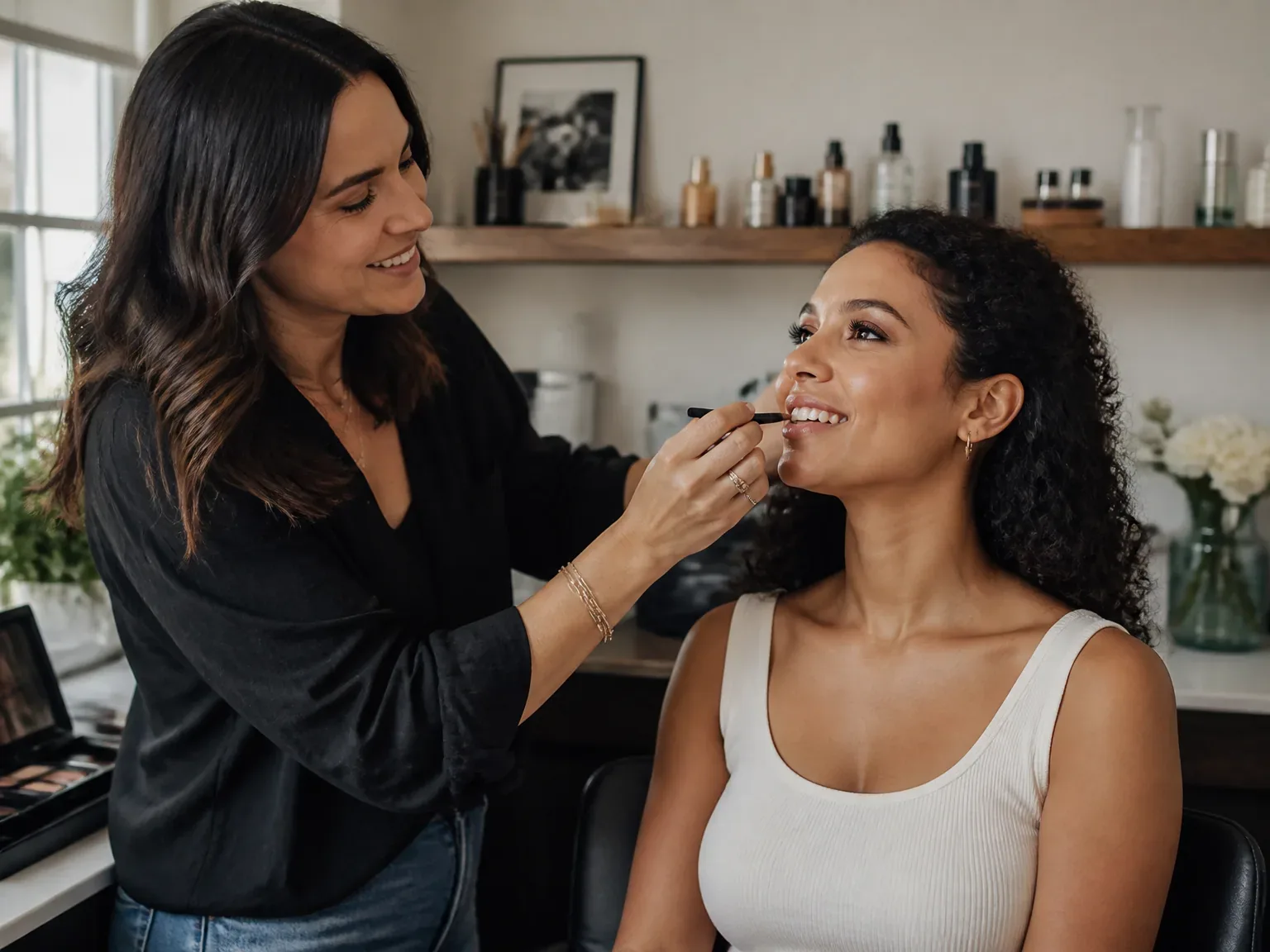 Maquillage soirée en séance intime avec une cliente souriante dans un studio chaleureux