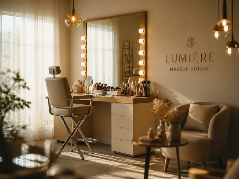 Ambiance studio maquillage jour, lumière naturelle, cadre accueillant