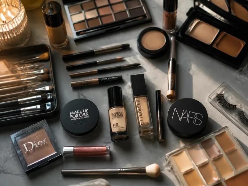 Plan produit: matériel et produits maquillage utilisés pour mariage