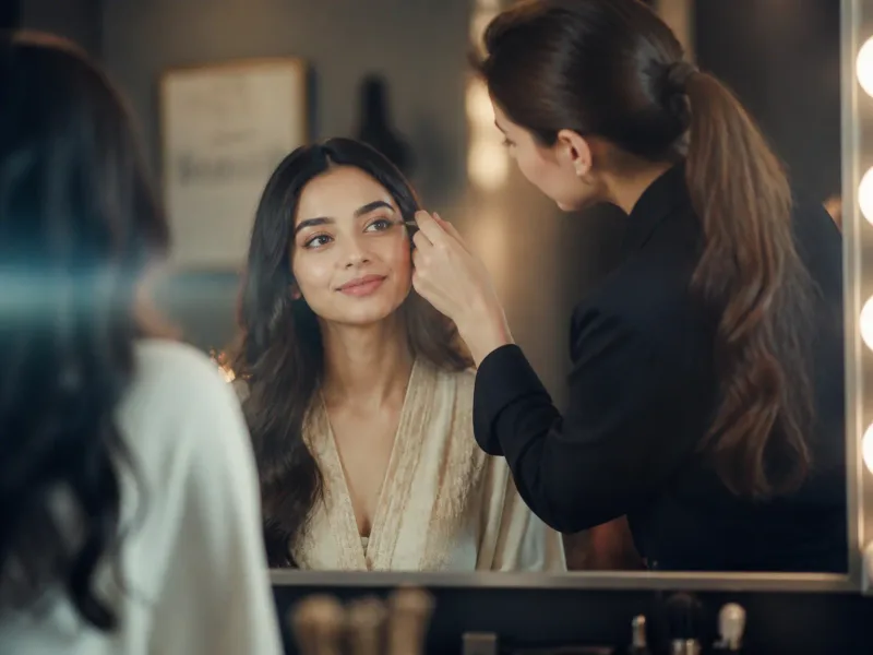Cliente féminine devant le miroir après maquillage jour, sourire satisfait