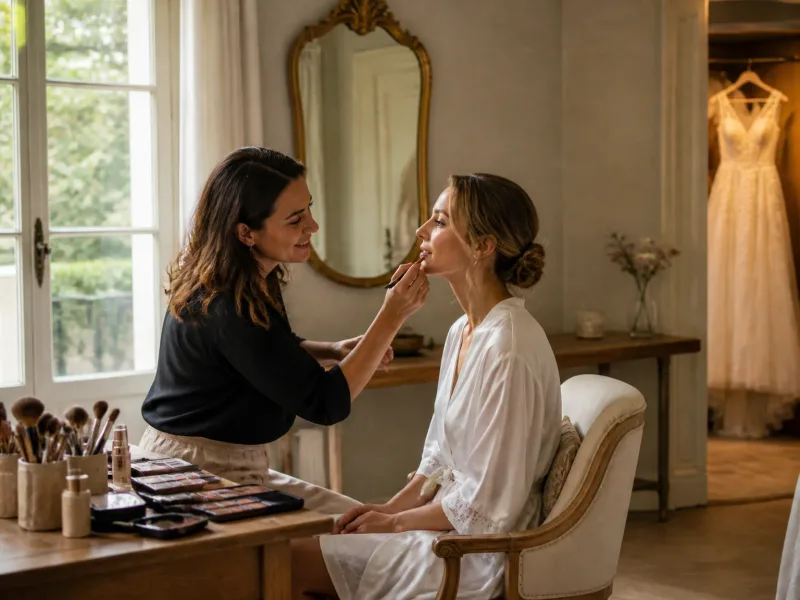 Ambiance studio maquillage mariage avec lumière naturelle et espace apaisant