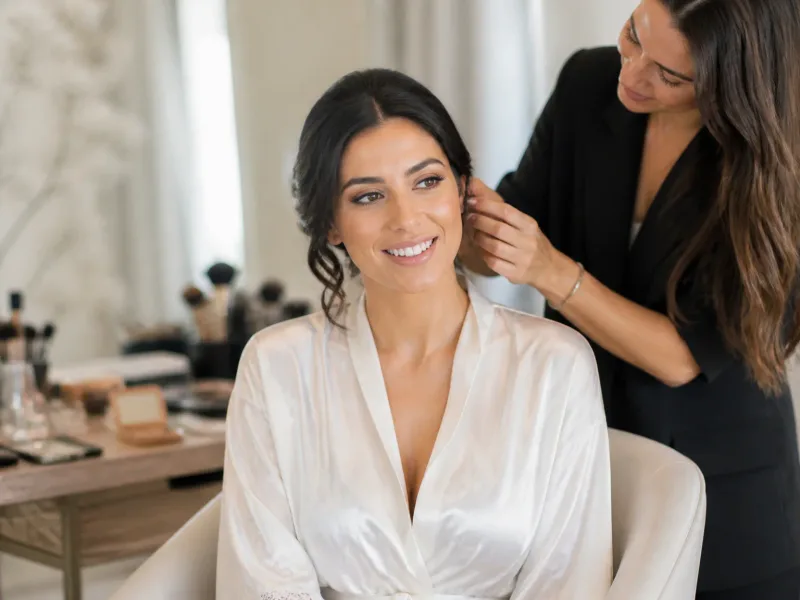 Client souriante après essai maquillage; ambiance studio élégante