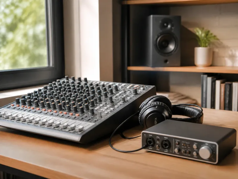 Packshot équipement audio sur bureau propre, lumière naturelle
