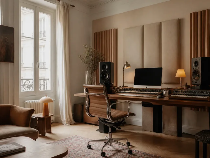 Ambiance studio d'enregistrement vocal chaleureux et calme
