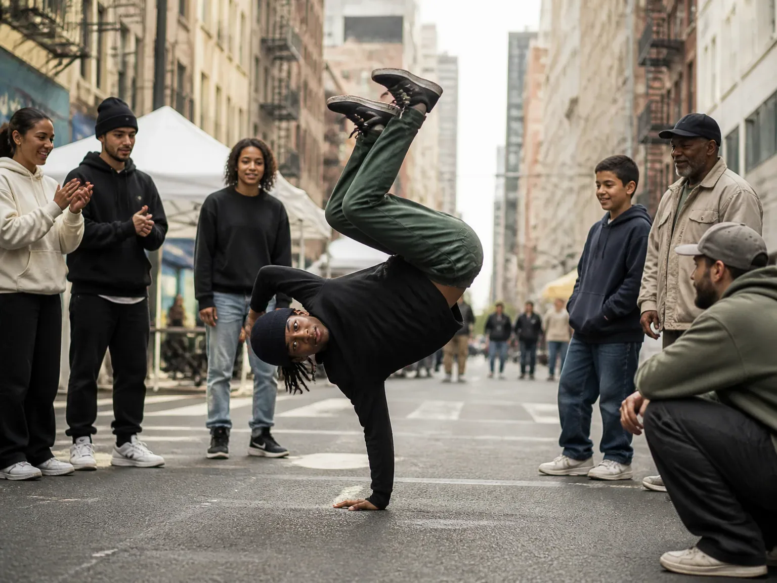 Danseur en action dans une rue urbaine, ambiance conviviale et accueillante