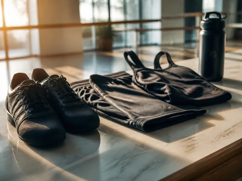 Equipement et tenue de danse posés sur un meuble de studio