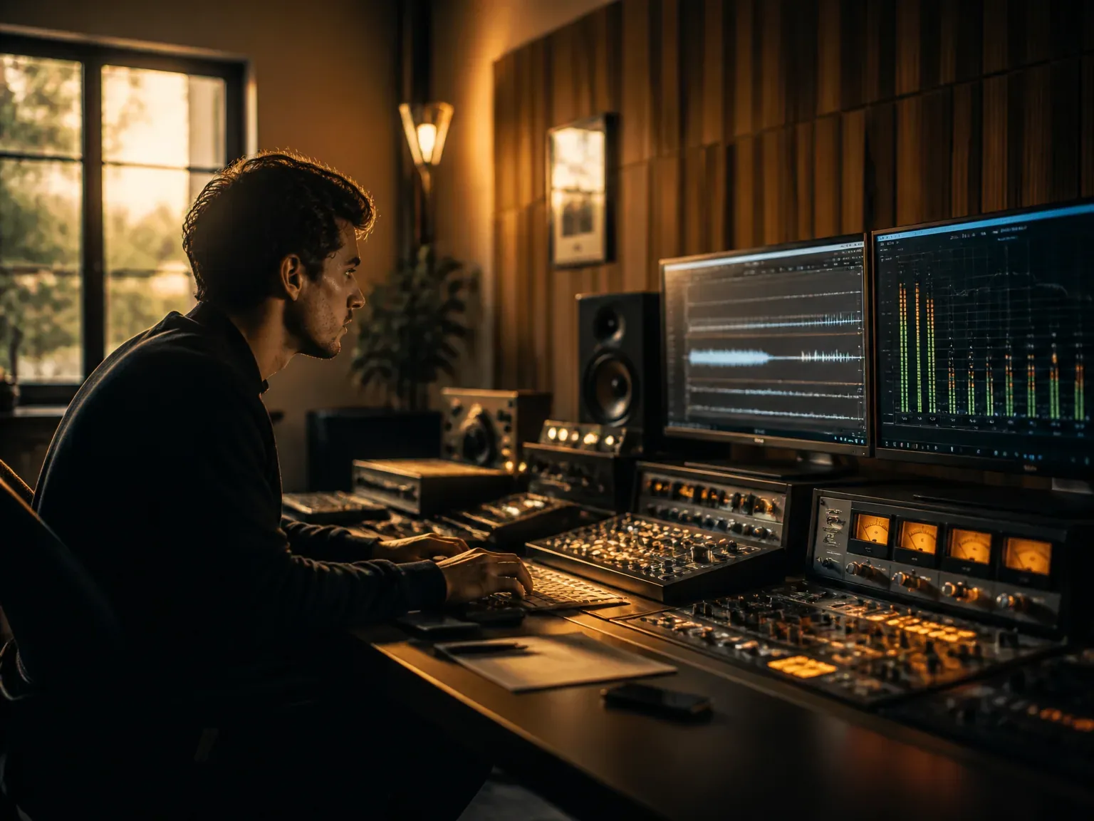 Studio de mastering audio, ingénieur au travail dans une salle dédiée