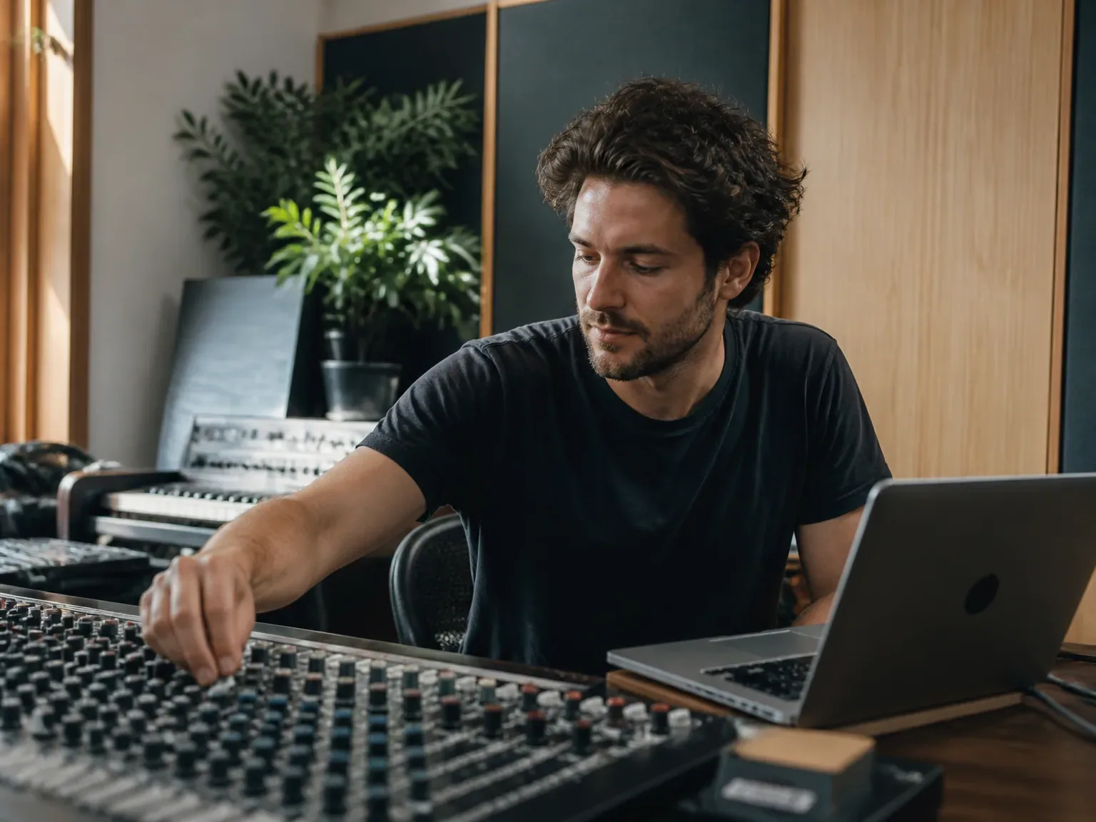 Studio audio avec console et ingénieur en action, lumière naturelle et ambiance moderne