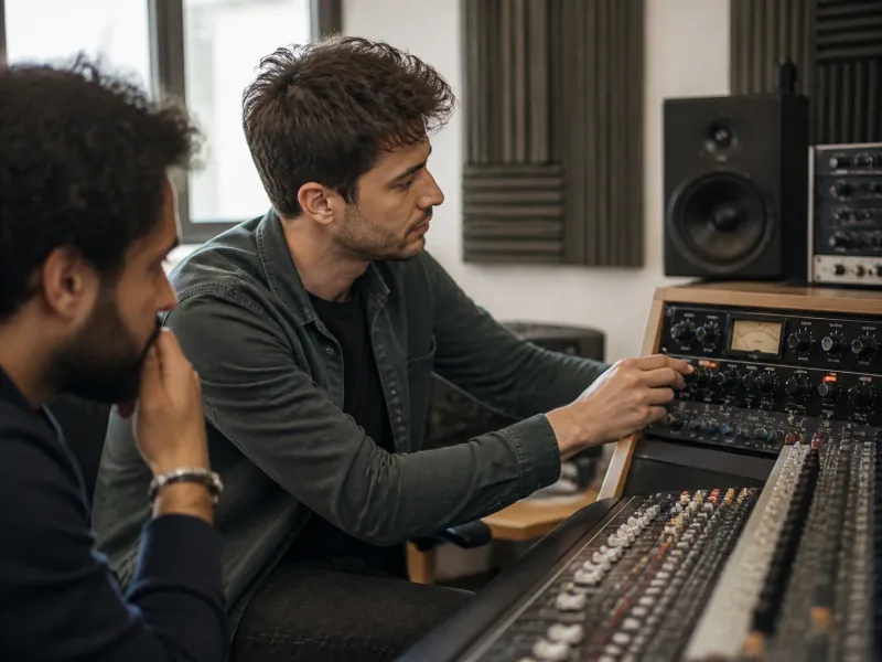 Ingénieur audio en démonstration dans le studio, collaboration rassurante