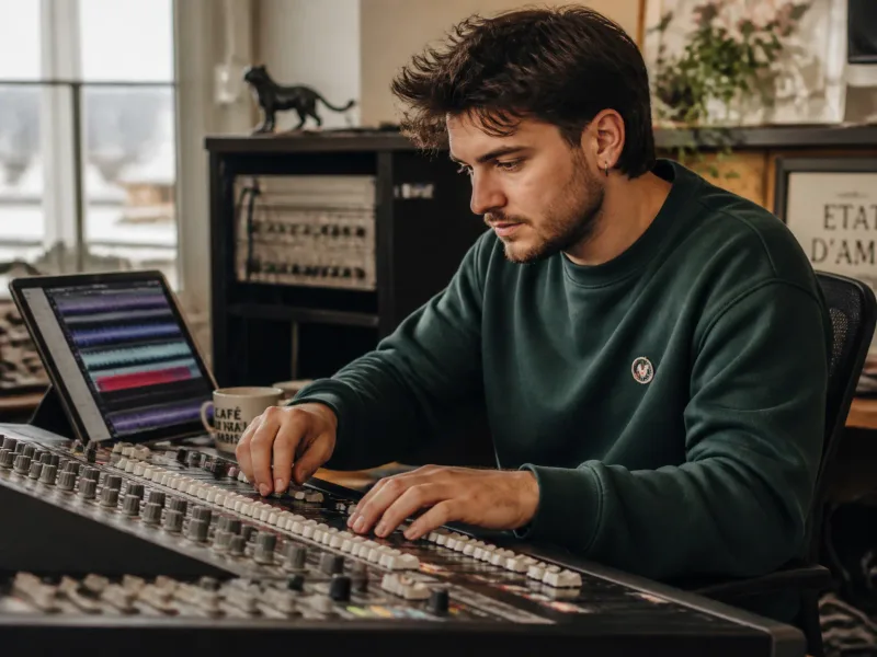 Mains sur console de mixage avec tablette et café, ambiance studio chaleureuse