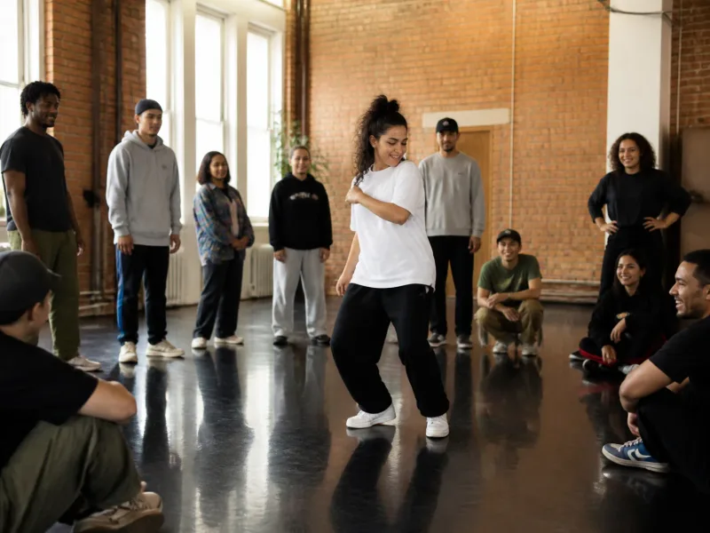 Espace de répétition dans une salle culturelle locale, ambiance chaleureuse