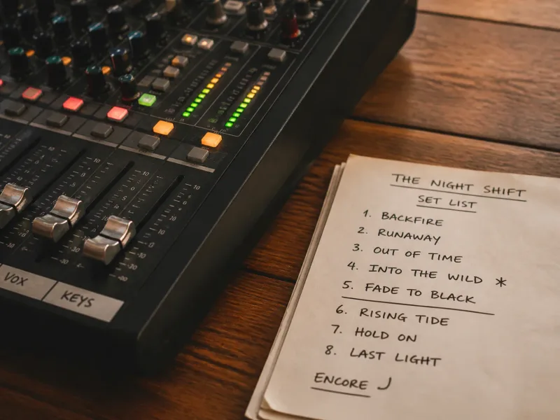 Table de mixage et setlist manuscrit sur bureau en bois, texture film