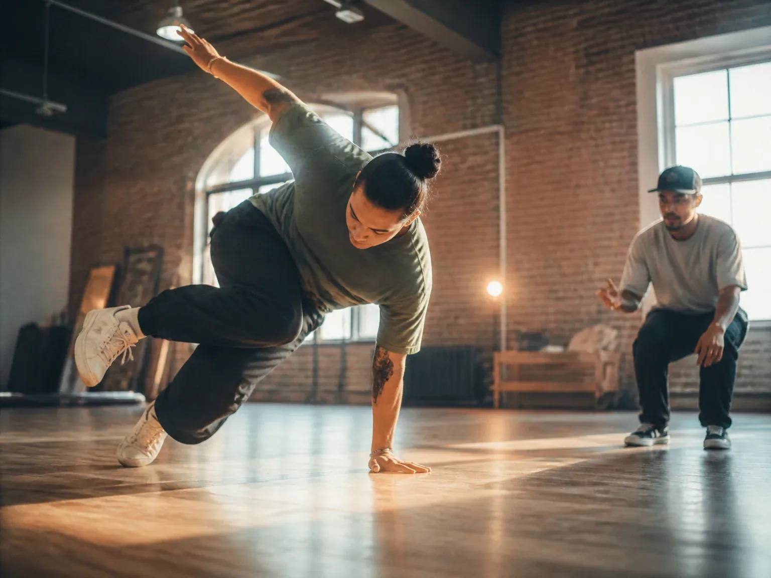 Client danseur breakdance en mouvement dans studio urbain lumineux