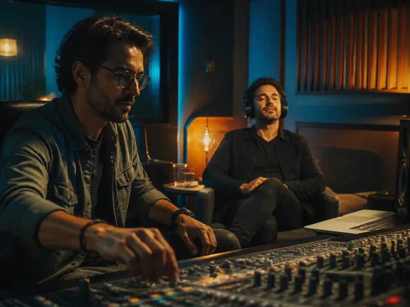 Client écoutant une session de mastering dans le studio