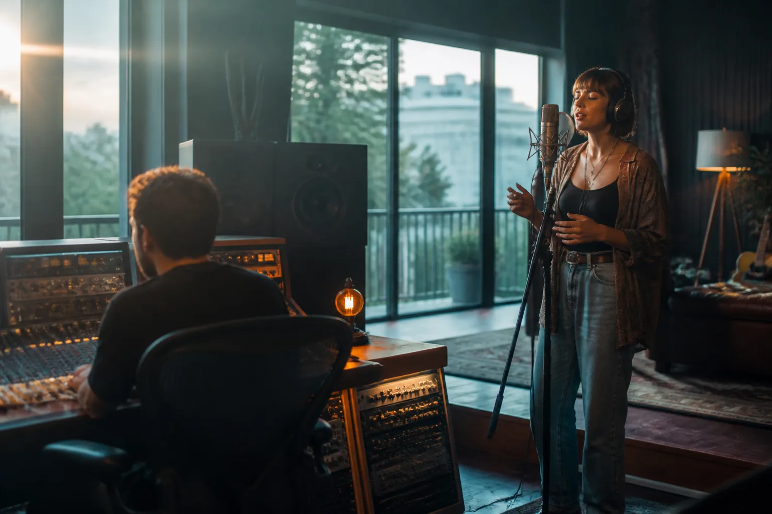 Scène d'enregistrement vocal en studio à Boulogne-Billancourt