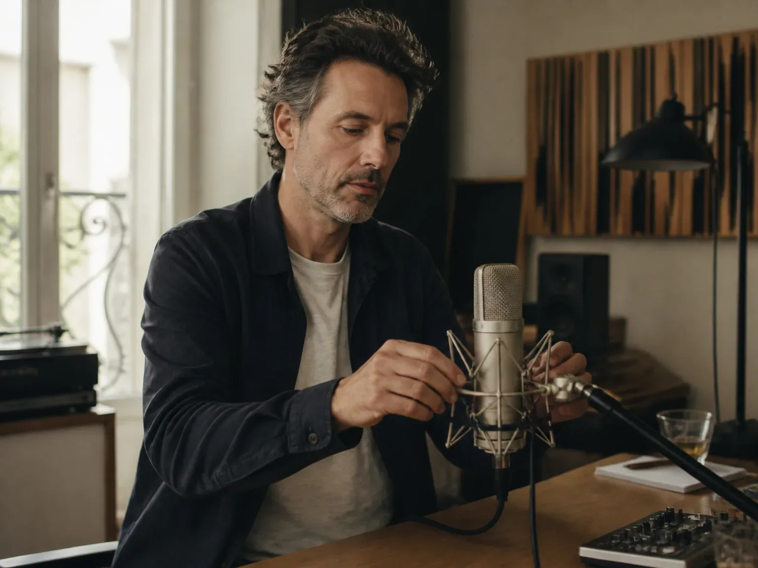 Professionnel de l'enregistrement vocal en studio, ambiance calme et professionnelle