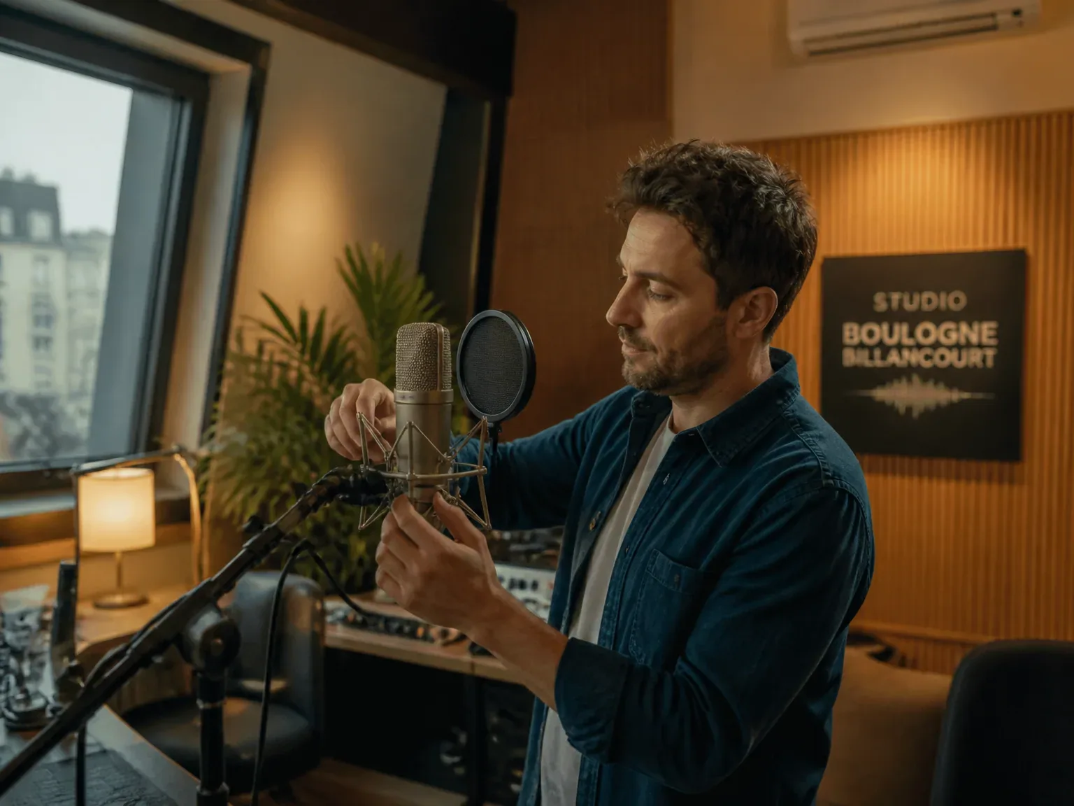 Studio d'enregistrement vocal chaleureux à Boulogne-Billancourt, opérateur au micro