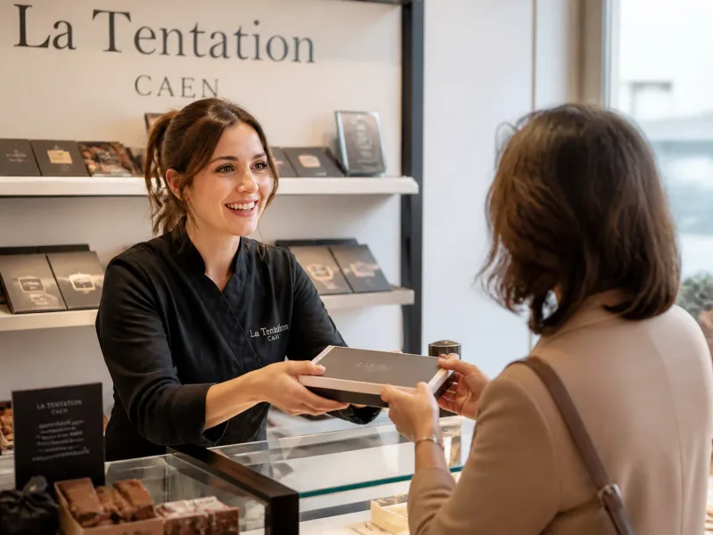 Vendeur aidant client au comptoir dans la boutique à Caen