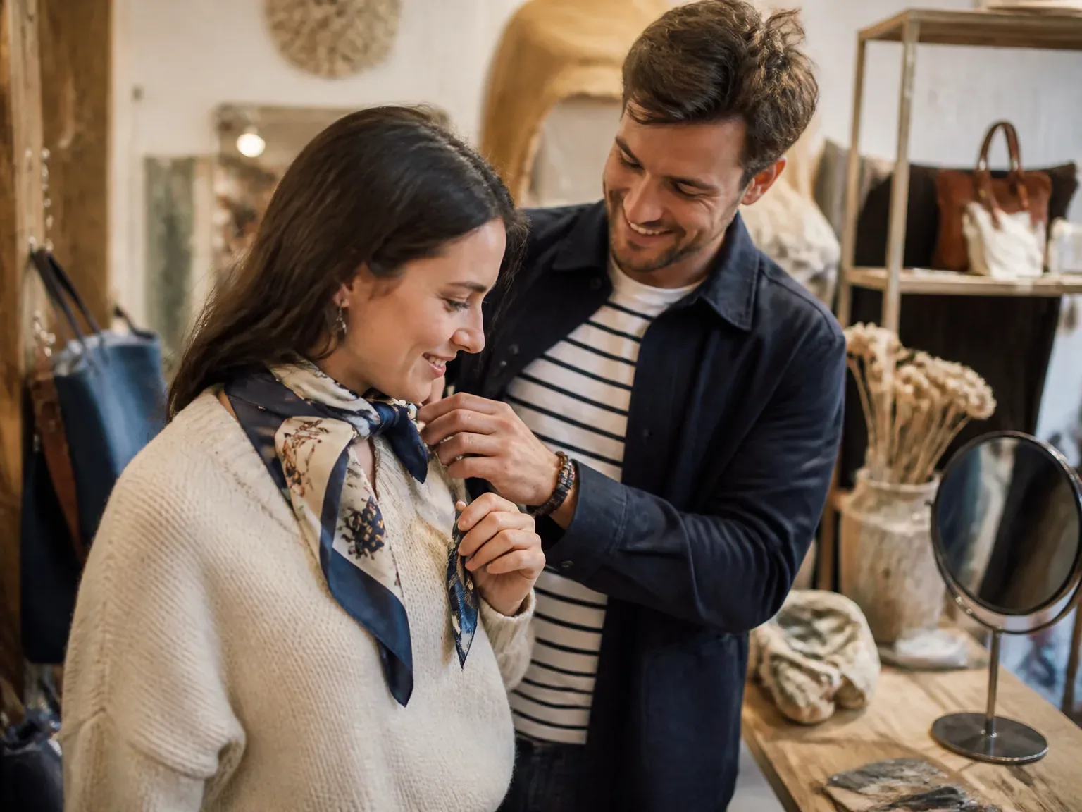 Couple essayant des accessoires dans une boutique chaleureuse