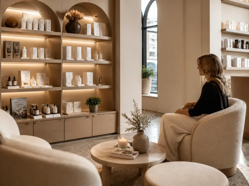 Intérieur boutique discret aux tons neutres et lumière naturelle douce.