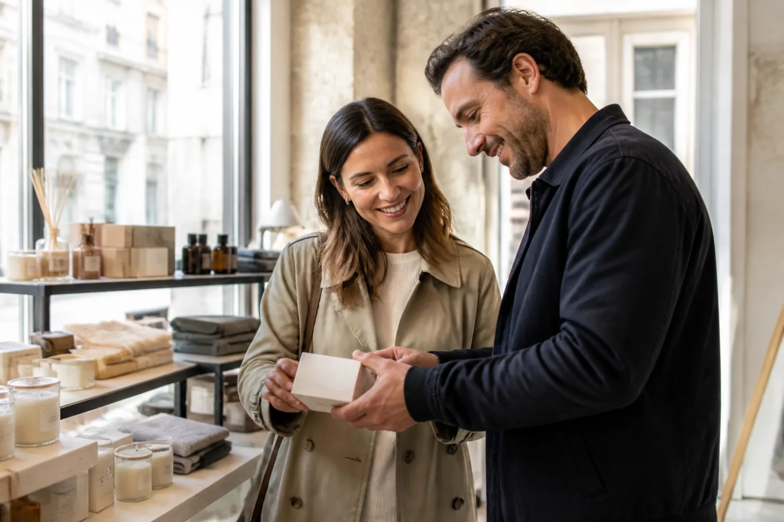 Couple découvrant des produits d'amour dans une boutique caennaise
